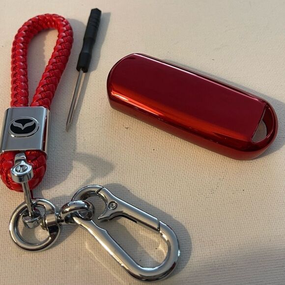 Mazda Key Fob Keychain in Red Leather & Fob Case Cover in Red NWT - Picture 3 of 6